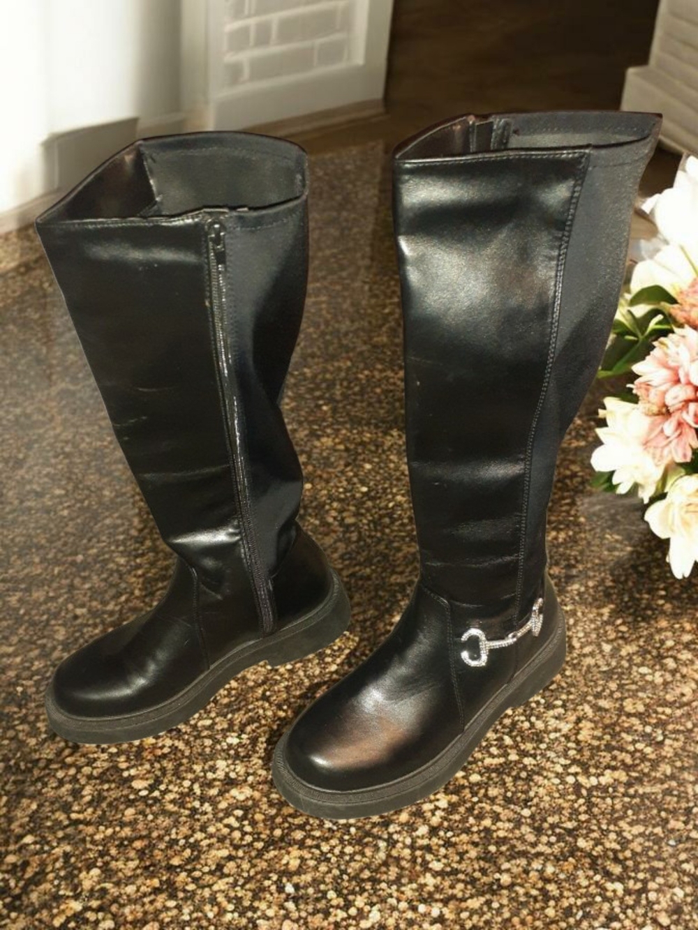 Rouge Helium Black Rhinestone Chain Stretchy Knee-High Riding Boots Size 9